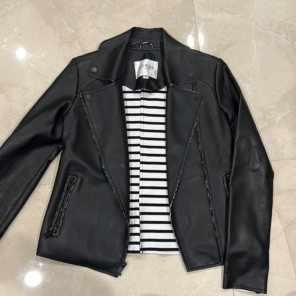 Guess Black Faux Leather Collared Jacket